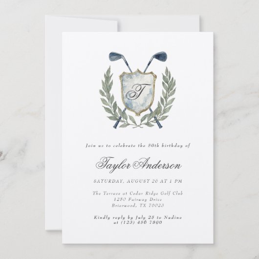 Elegant Monogram Golf Crest Verjaardagsfeest Golfe Kaart (Voorkant)