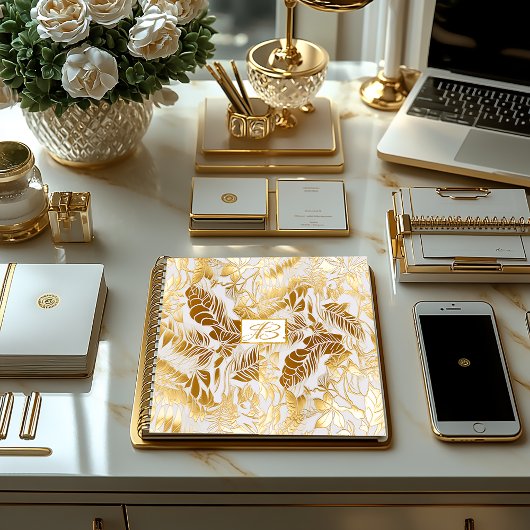 Elegant Monogram Goud en Ivoor Monstera Leaf Notitieboek