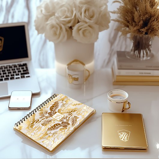 Elegant Monogram Goud en Ivoor Monstera Leaf Notitieboek