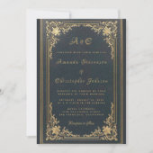 Elegant  Monogram Goud op Navy Blue Bruiloft Kaart (Voorkant)