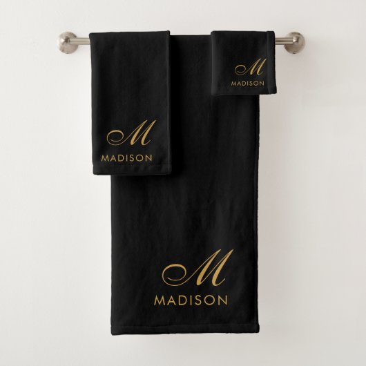 Elegant Monogram Goud Script Naam Zwart Bad Handdoek (Insitu)