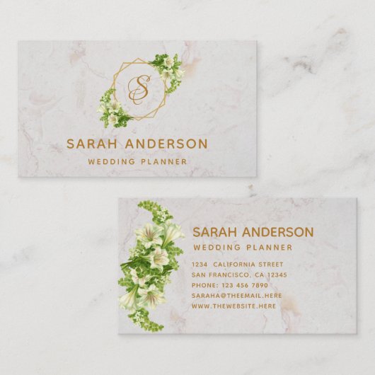 Elegant Monogram Goud Wit Lelies Marmer Visitekaartje (Voorkant / Achterkant)