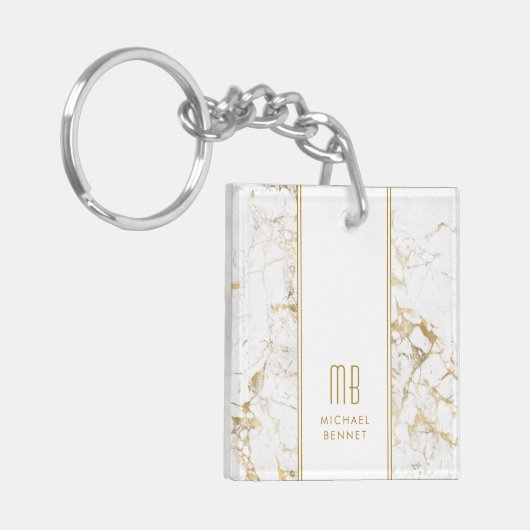 Elegant Monogram Goud Wit Marmer Sleutelhanger (Voorkant Links)