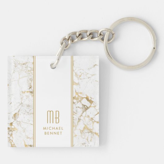 Elegant Monogram Goud Wit Marmer Sleutelhanger (Achterkant)