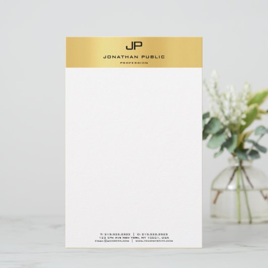 Elegant Monogram Goud Wit Sjabloon Modern Briefpapier (Staand voorkant)