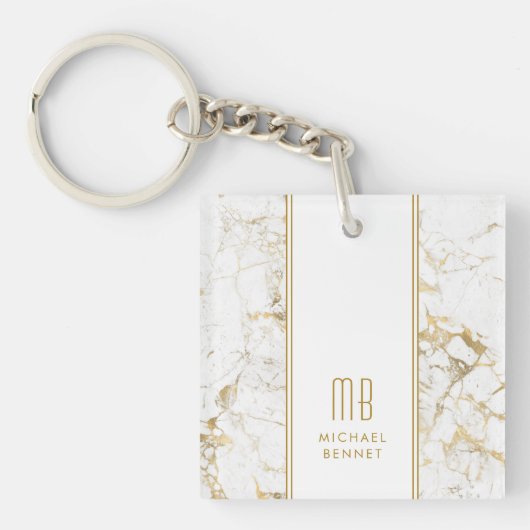 Elegant Monogram Goud Witte Marmer Sleutelhanger (Voorkant)