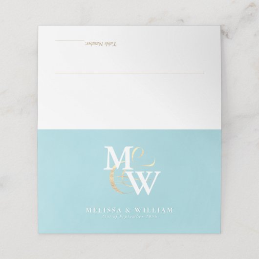 Elegant Monogram Goud Zee Glas Blauwgroen Wit Huwe Plaatskaartje (Buitenkant ongevouwen)