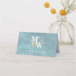 Elegant Monogram Goud Zee Glas Blauwgroen Wit Huwe Plaatskaartje