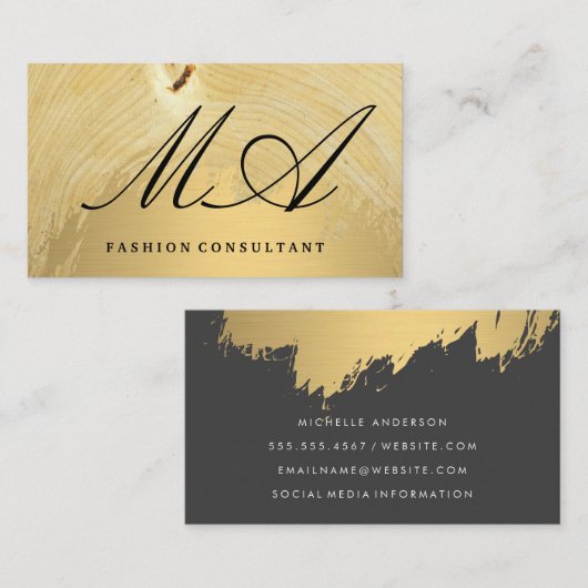 Elegant Monogram | Goudborstel | Houtkorrels Visitekaartje (Voorkant / Achterkant)