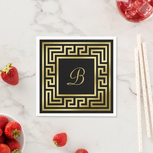 Elegant Monogram Gouden Glitter Griekse Sleutel Zw Servet (Insitu)