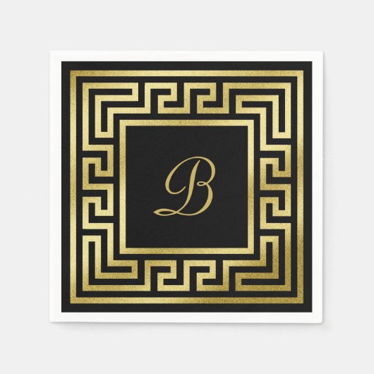 Elegant Monogram Gouden Glitter Griekse Sleutel Zw Servet (Voorkant)