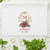 Elegant Monogram Gouden Kam Poinsettia Kerstmis Theedoek (Gevouwen)
