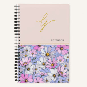 Elegant Monogram Gouden Script Roze Blauwe Bloemen Notitieboek