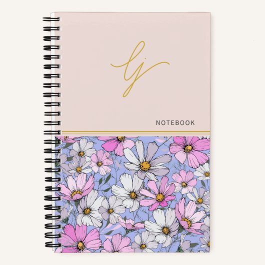 Elegant Monogram Gouden Script Roze Blauwe Bloemen Notitieboek (Voorkant)