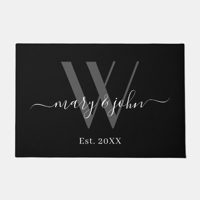 Elegant Monogram Gray Black Names Script Weddensch Deurmat (Voorkant)