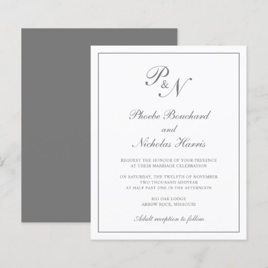 Elegant Monogram Gray Budget Weddenschap Uitnodigi (Voorkant / Achterkant)