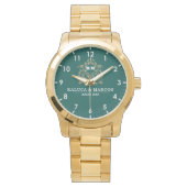 Elegant Monogram green and gold Couple names Horloge (Voorkant)