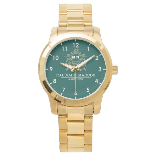 Elegant Monogram green and gold Couple names Horloge (Voorkant)