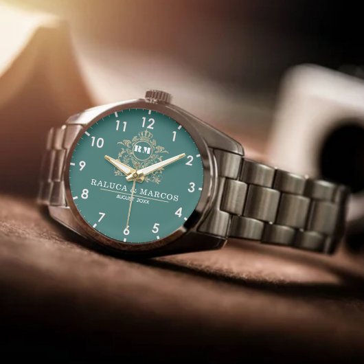 Elegant Monogram green and gold Couple names Horloge