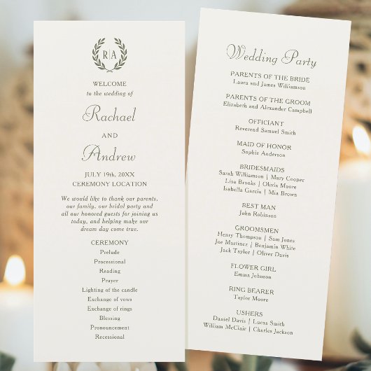 Elegant Monogram Green Cream Wedding Timeline Flat Programmakaart
