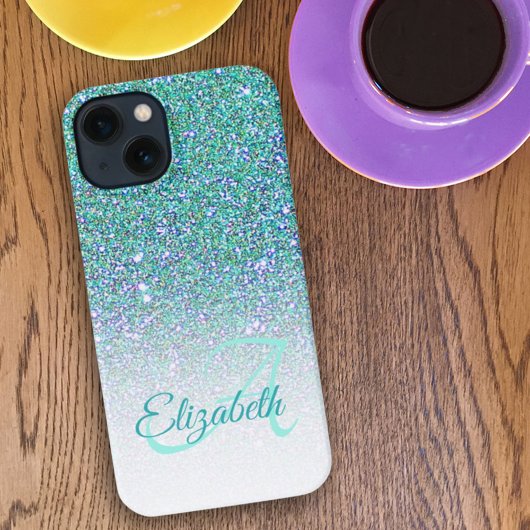 Elegant Monogram Green Glitter Ombre Voornaam iPhone Hoesje