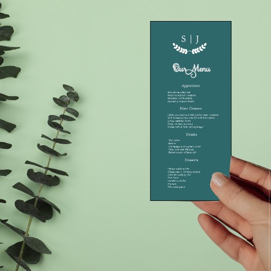 Elegant Monogram Green Jewel Tone Dinner Menu