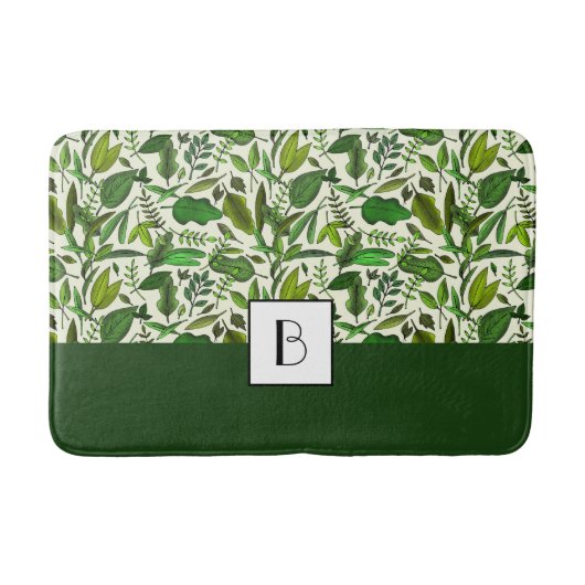 Elegant Monogram Green Leaves Pattern Badmat (Voorkant)