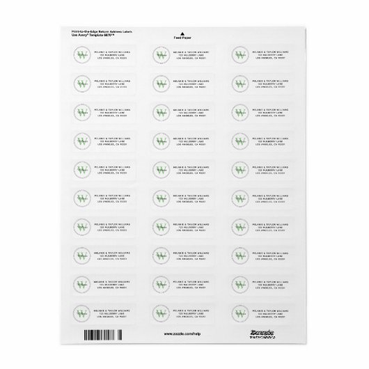 Elegant Monogram Green Return Address Label (Full Sheet)