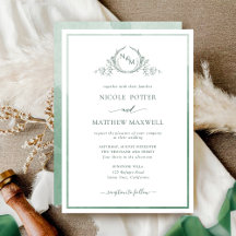Elegant Monogram Green Waterverf Wedding Invitati