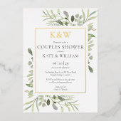 Elegant Monogram Greenery Couples Shower Gold Folie Uitnodiging (Voorkant)