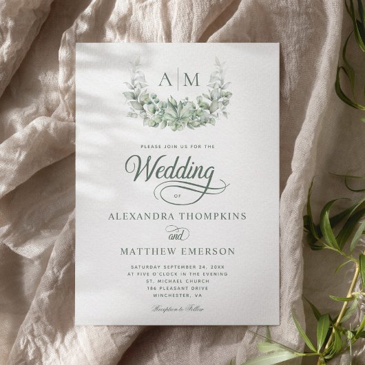 Elegant Monogram Greenery Eucalyptus Sage Wedding Kaart