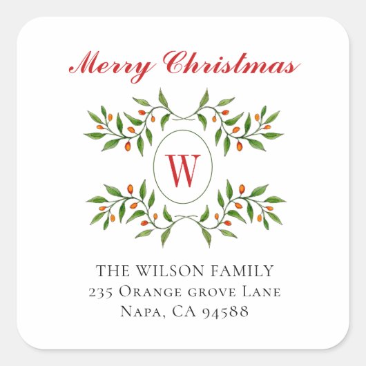 Elegant Monogram Greenery Holiday return address Vierkante Sticker (Voorkant)