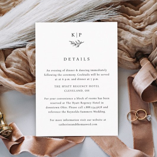 Elegant Monogram Greenery Leaves Wedding Details Informatiekaartje