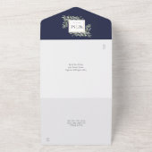 Elegant Monogram Greenery Navy Blue Wedding All In One Uitnodiging (Buitenkant)