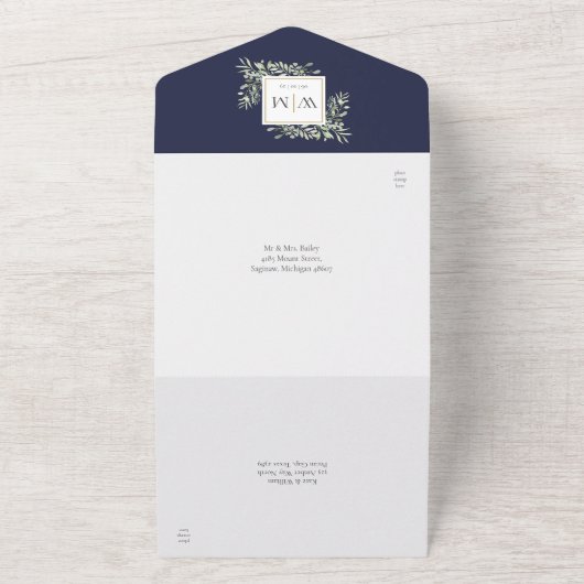 Elegant Monogram Greenery Navy Blue Wedding All In One Uitnodiging (Buitenkant)