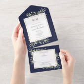 Elegant Monogram Greenery Navy Blue Wedding All In One Uitnodiging (Afscheurbaar)