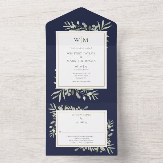Elegant Monogram Greenery Navy Blue Wedding All In One Uitnodiging (Binnen)