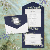 Elegant Monogram Greenery Navy Blue Wedding All In One Uitnodiging