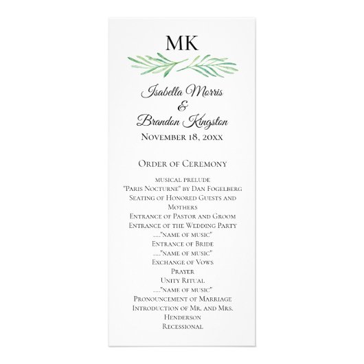 Elegant Monogram Greenery Wedding Programme 2 Reclamekaart (Voorkant)