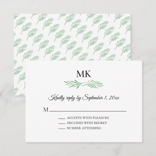 Elegant Monogram Greenery Wedding RSVP Kaart (Voorkant / Achterkant)