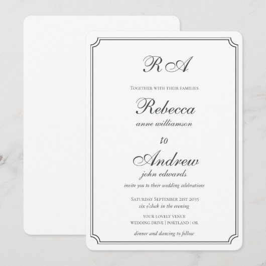 Elegant monogram grenst zwart-wit huwelijk i kaart (Voorkant / Achterkant)