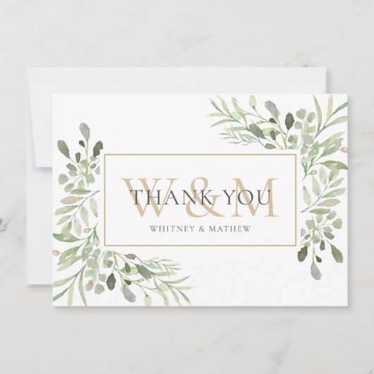 Elegant Monogram Groen Bedankkaart (Voorkant)