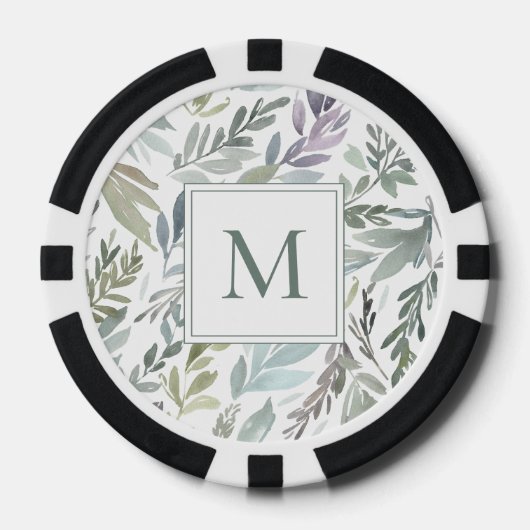 Elegant Monogram Groen Blauw Botanische Waterverf Poker Chips (Voorkant)