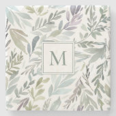 Elegant Monogram Groen Blauw Botanische Waterverf Stenen Onderzetter (Voorkant)