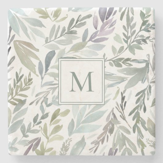 Elegant Monogram Groen Blauw Botanische Waterverf Stenen Onderzetter (Voorkant)