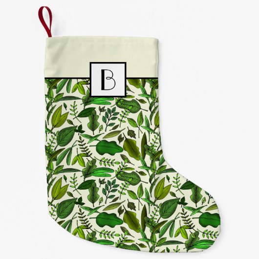 Elegant Monogram Groen Botanisch Patroon Kleine Kerstsok (Voorkant)