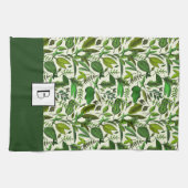 Elegant Monogram Groen Botanisch Patroon Theedoek (Horizontaal)