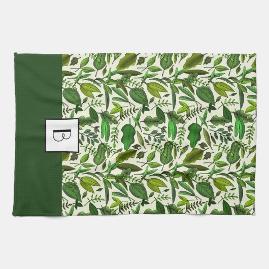 Elegant Monogram Groen Botanisch Patroon Theedoek (Horizontaal)