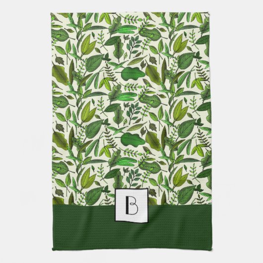 Elegant Monogram Groen Botanisch Patroon Theedoek (Verticaal)