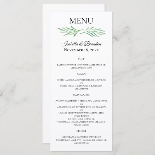 Elegant Monogram Groen Bruiloft Menu (Voorkant / Achterkant)